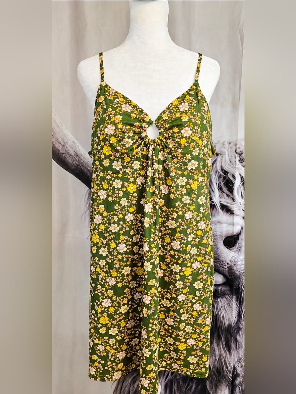 Boho Floral Midi Dress XXL Olive Green Adjustable Strap Sundress - Picture 2 of 3